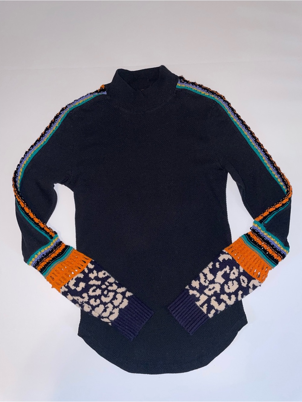 Free People Switch It Up Thermal Top Black Crochet Shoulder Leopard Cuff L